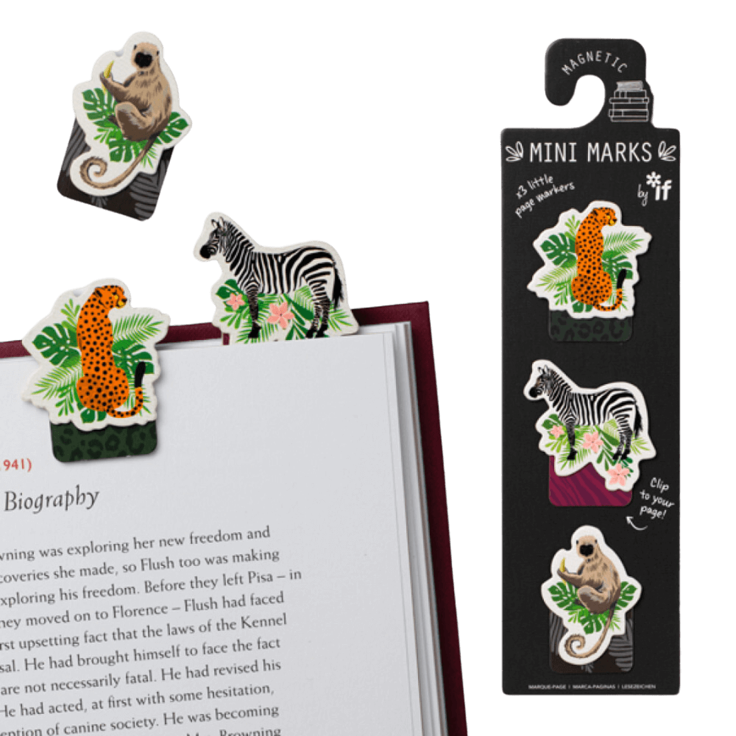 Set of three mini magnetic bookmarks with illustrations of a cheetah, a zebra and a monkey