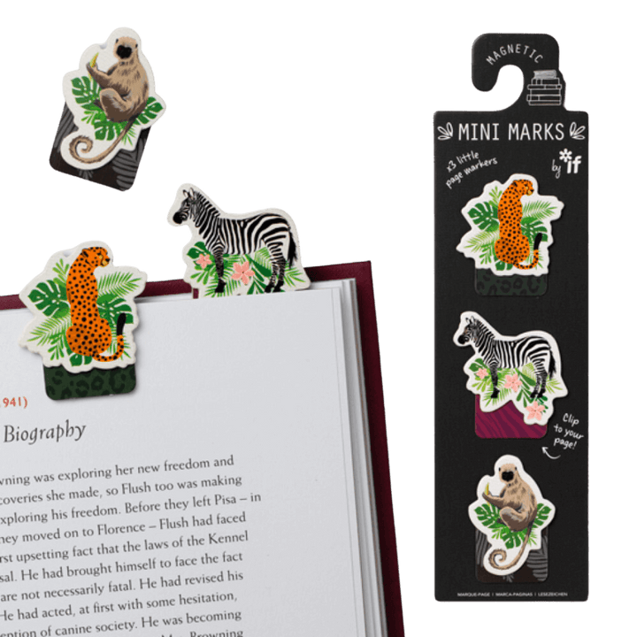 Set of three mini magnetic bookmarks with illustrations of a cheetah, a zebra and a monkey