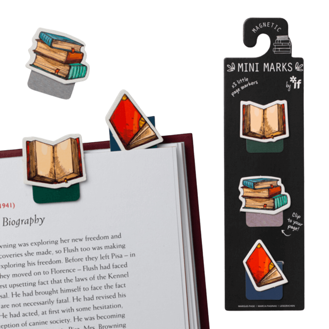Set of three mini magnetic bookmarks in the shape of books