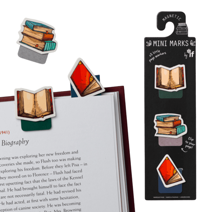 Set of three mini magnetic bookmarks in the shape of books