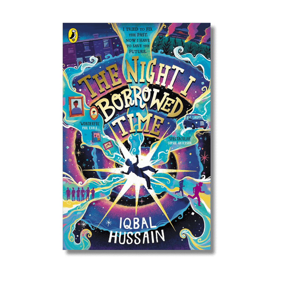 Book cover of 'The Night I Borrowed Time' by Iqbal Hussain with colorful design and character illustration.