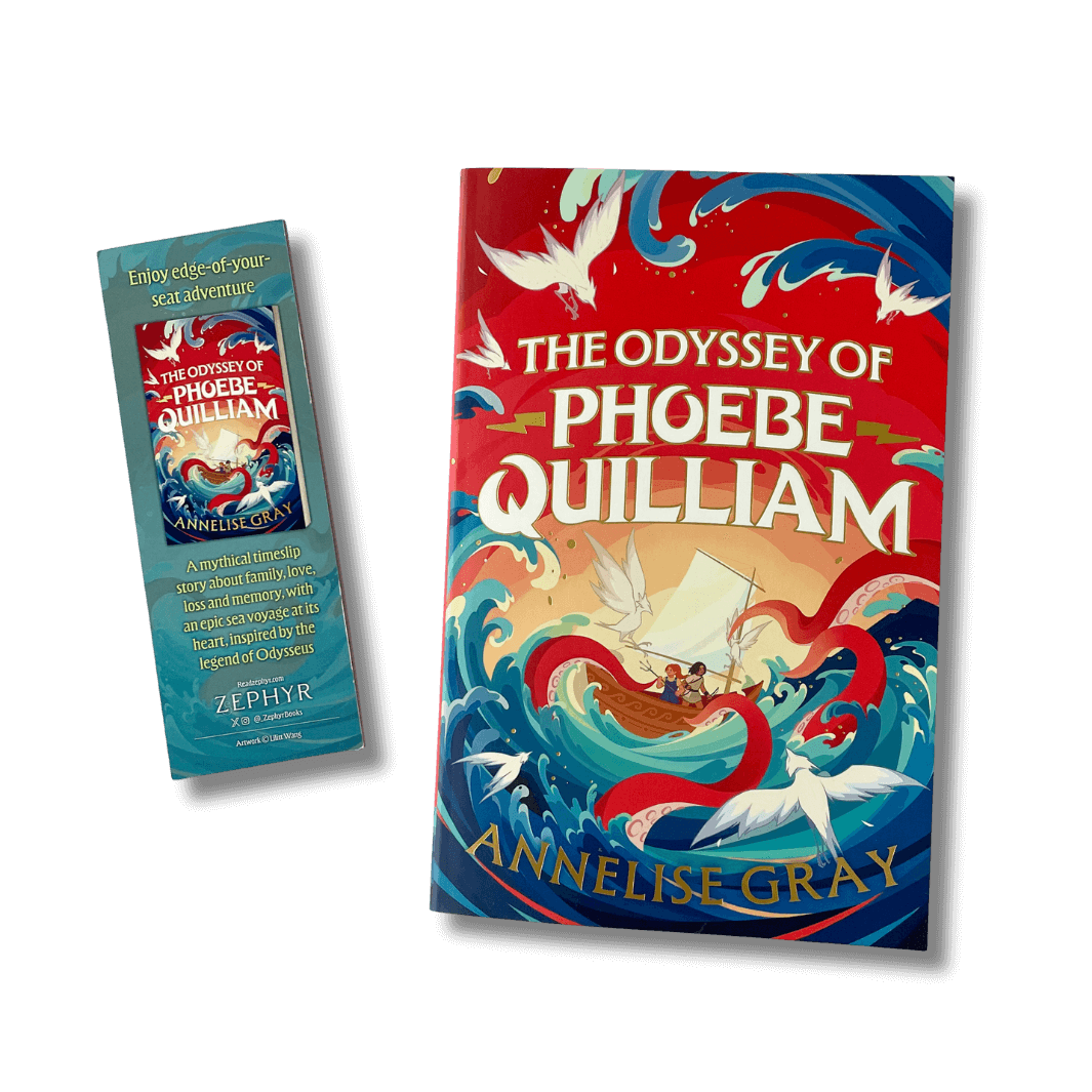 Book cover of 'The Odyssey of Phoebe Quilliam' by Annelise Gray with a bookmark on a black background