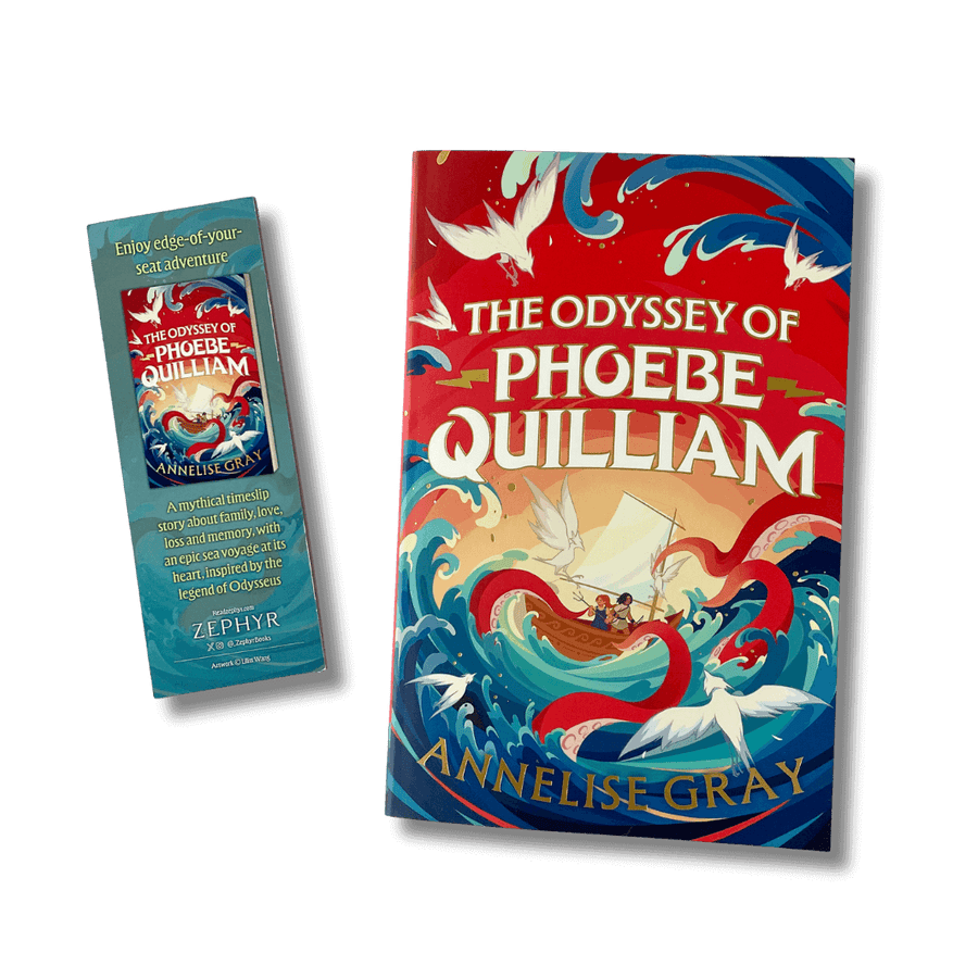 Book cover of 'The Odyssey of Phoebe Quilliam' by Annelise Gray with a bookmark on a black background