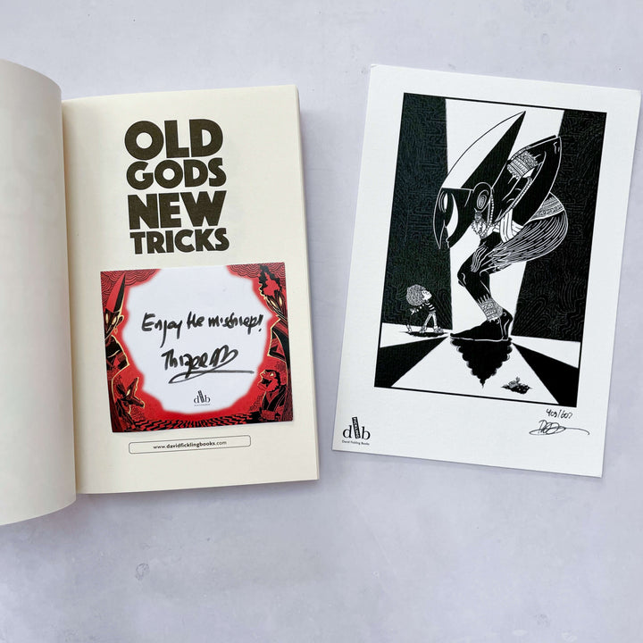 Bookplate signed by Thiago de Moraes (author) inside an open copy of Old God New Tricks alongside a signed art print