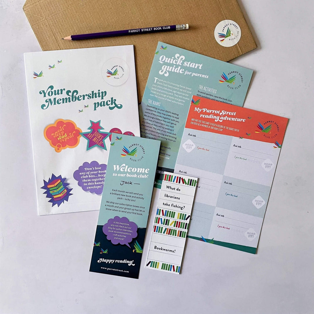 Example of the Welcome Pack subscribers receive when they first join the club including a reading record, bookmarks, pencil and quick-start guide.