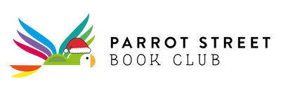 Parrot Street Book Club logo with parrot wearing a Santa hat for Christmas
