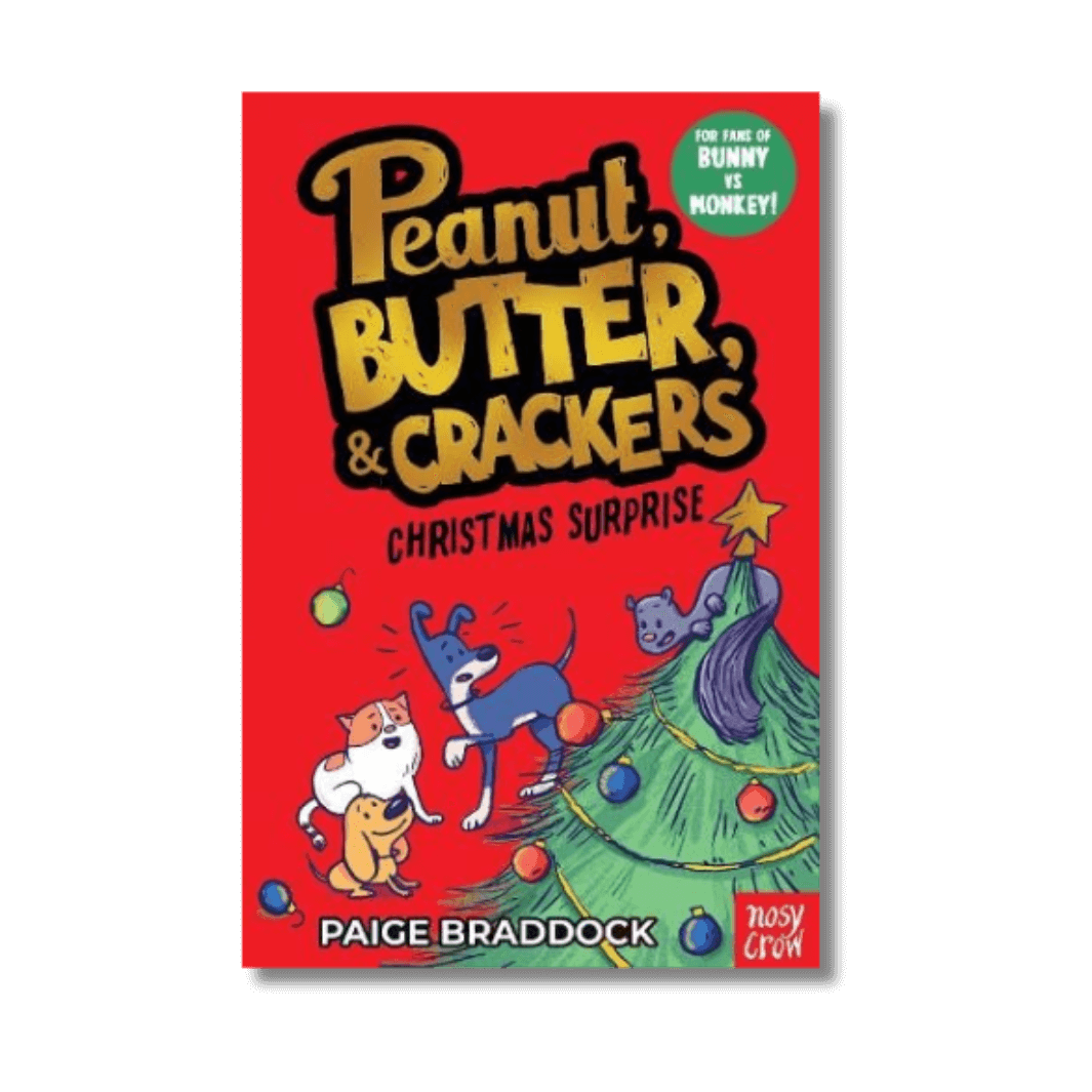 Book cover of 'Peanut, Butter, & Crackers Christmas Surprise' by Paige Braddock with cartoon characters and a tree on a red background.