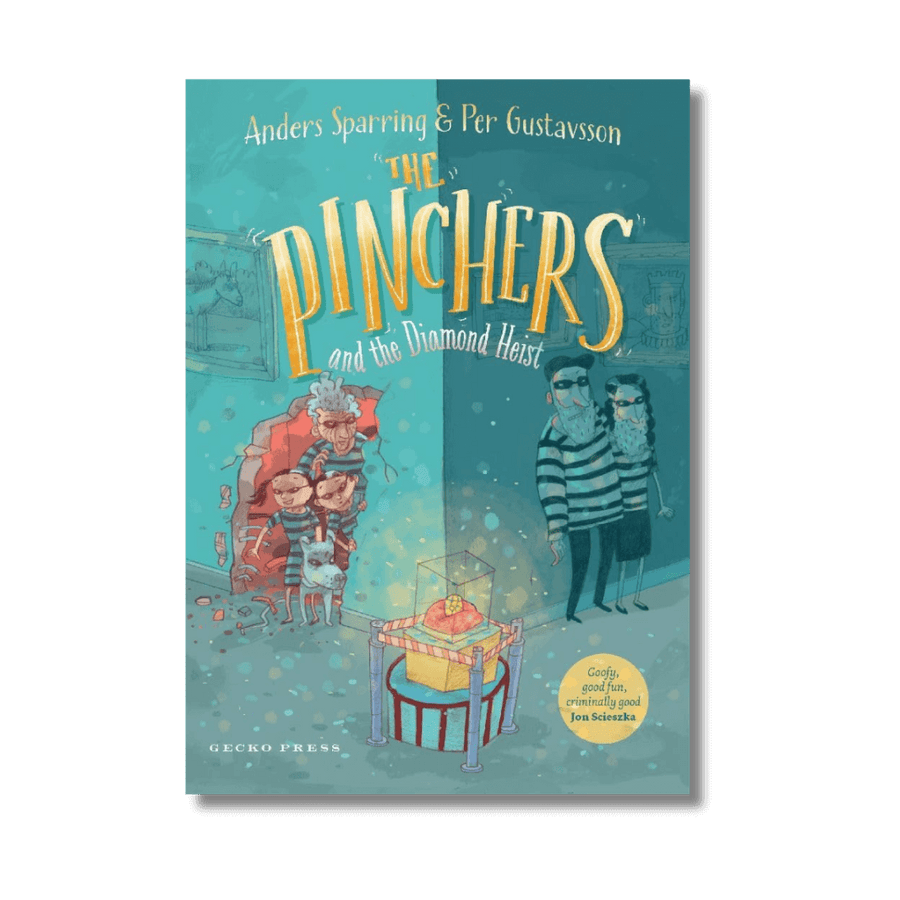 Book cover of 'The Pinchers and the Diamond Heist' by Anders Sparring with illustrated characters and a diamond on a blue background.