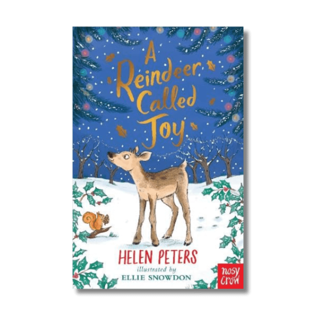 Book cover of 'A Reindeer Called Joy' by Helen Peters with a reindeer illustration on a snowy background.