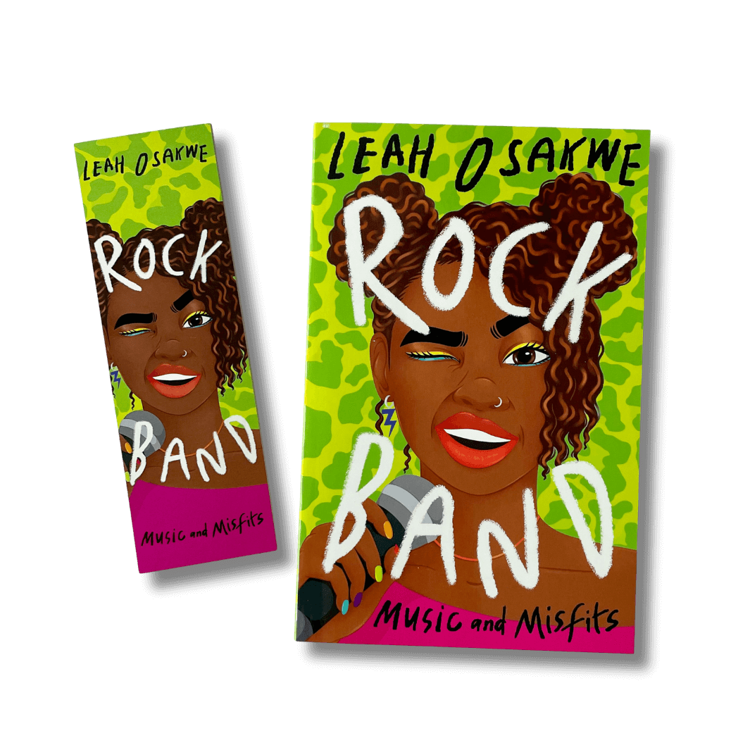 Book cover of 'Rock Band: Music and Misfits' by Leah Osakwe with a stylized illustration of a woman on a green background and accompanying bookmark