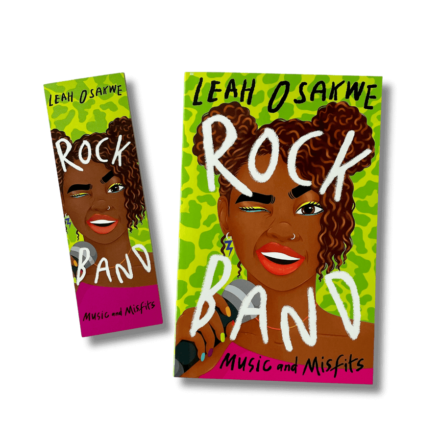 Book cover of 'Rock Band: Music and Misfits' by Leah Osakwe with a stylized illustration of a woman on a green background and accompanying bookmark