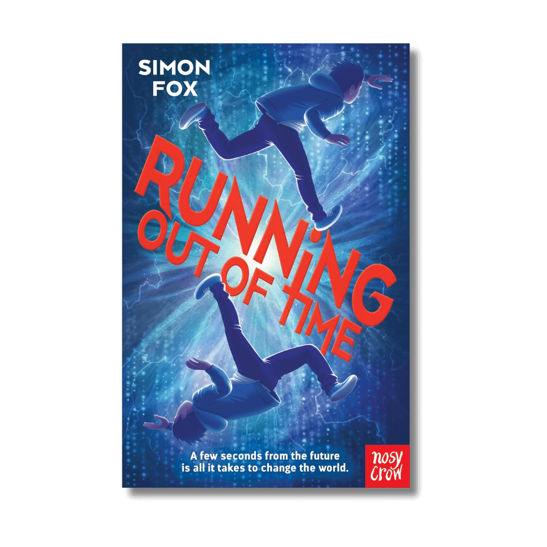 Book cover of 'Running Out of Time' by Simon Fox with a blue and red design.