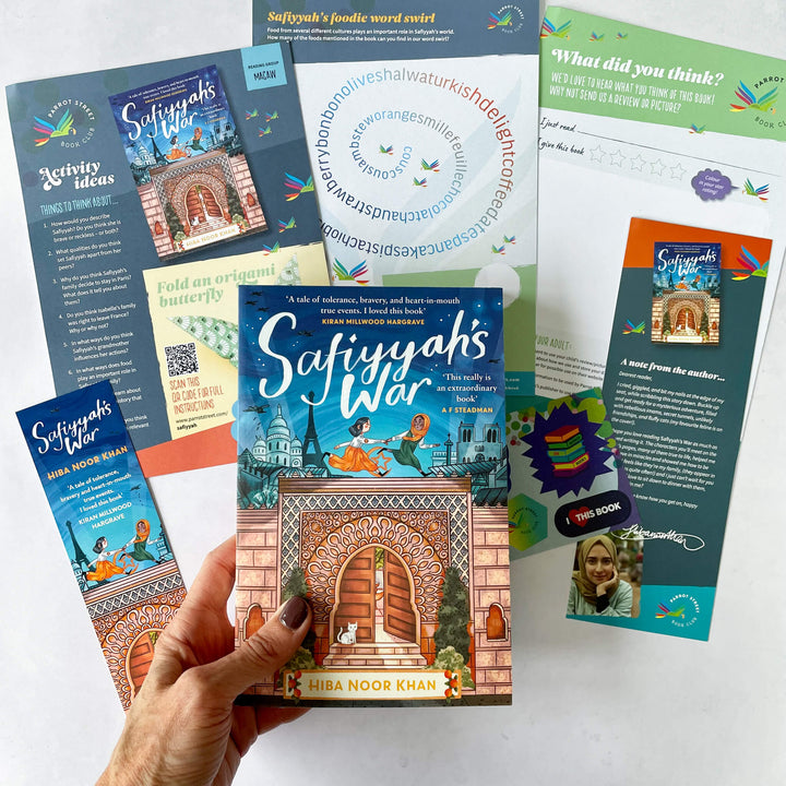 Safiyyah's War by Hiba Noor Khan surrounded by an activity pack, stickers and bookmark