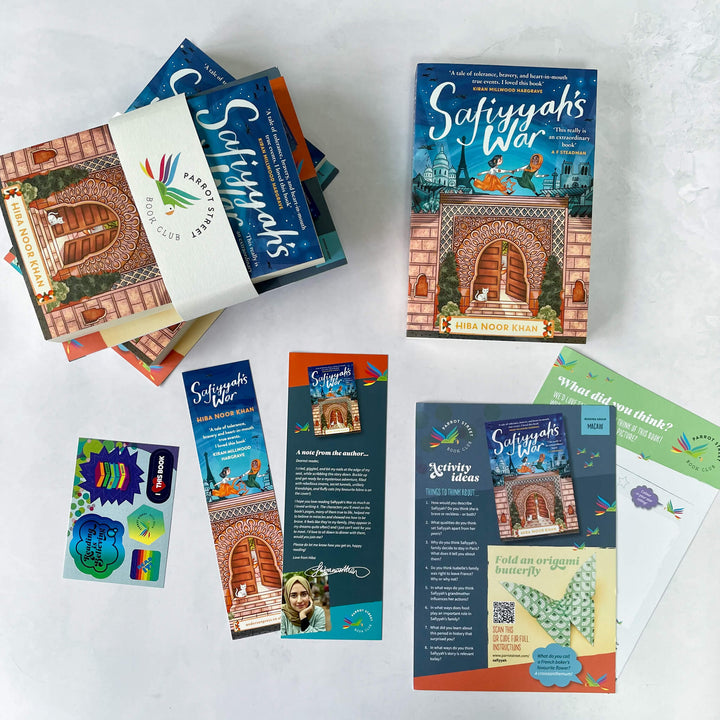 Safiyyah's War by Hiba Noor Khan surrounded by an activity pack, stickers and bookmark