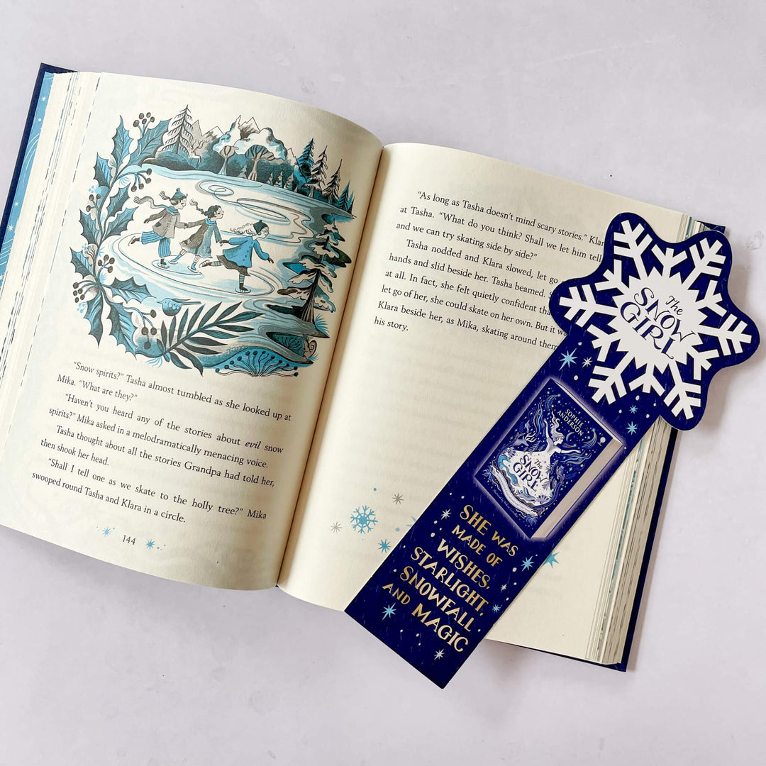 The Snow Girl by Sophie Anderson opened to show two-colour illustrations and bonus bookmark