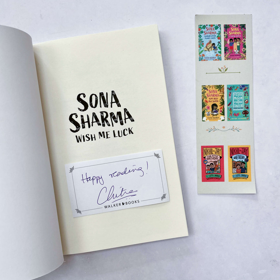 Bookplate signed by Chitra Soundar (author) inside an open copy of Sona Sharma Wish Me Luck with an additional bookmark