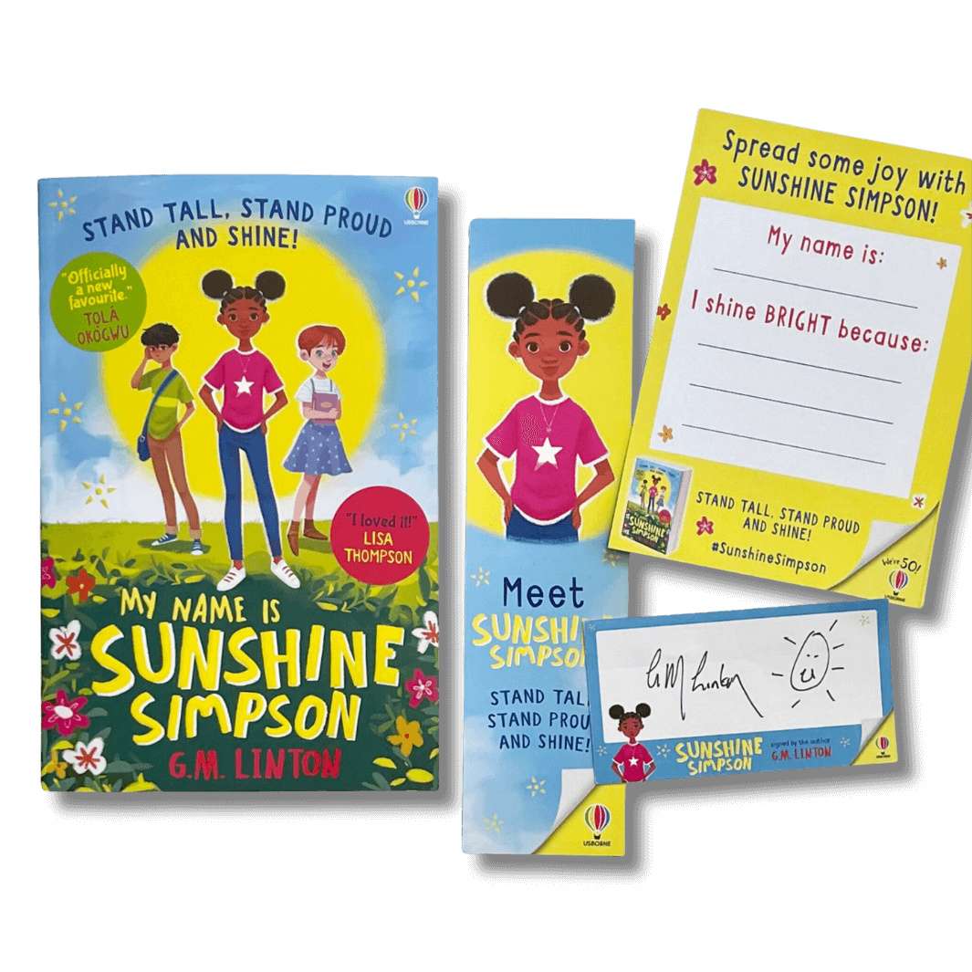 My Name is Sunshine Simpson by G. M. Linton with additional bookmark, postcard and bookplate signed by the author