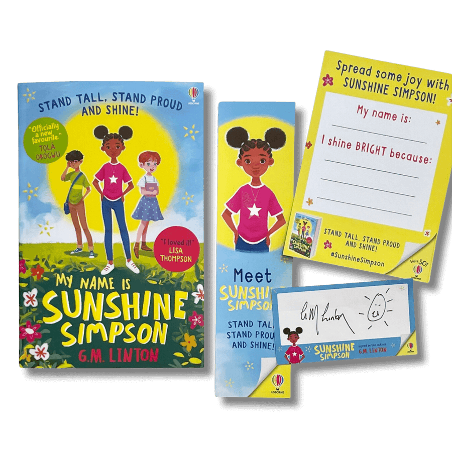 My Name is Sunshine Simpson by G. M. Linton with additional bookmark, postcard and bookplate signed by the author