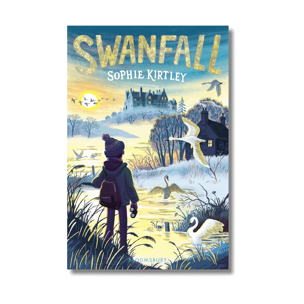 Book cover of 'Swanfall' by Sophie Kirtley with a person looking at swans in a landscape.
