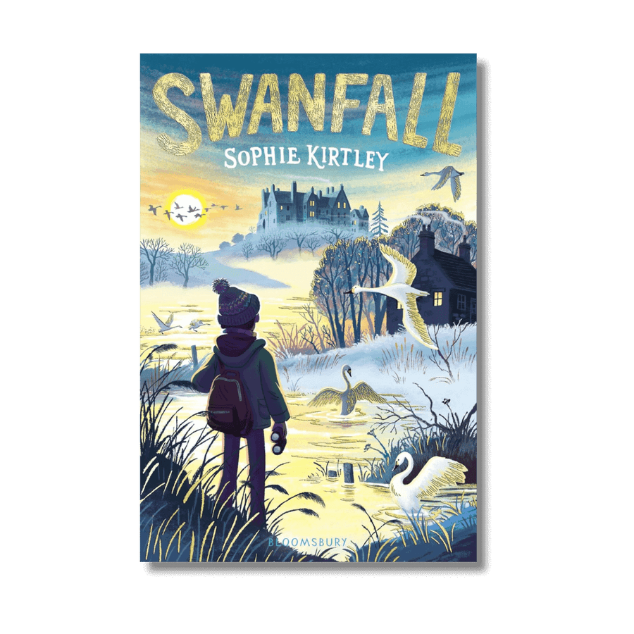 Book cover of 'Swanfall' by Sophie Kirtley with a person looking at swans in a landscape.