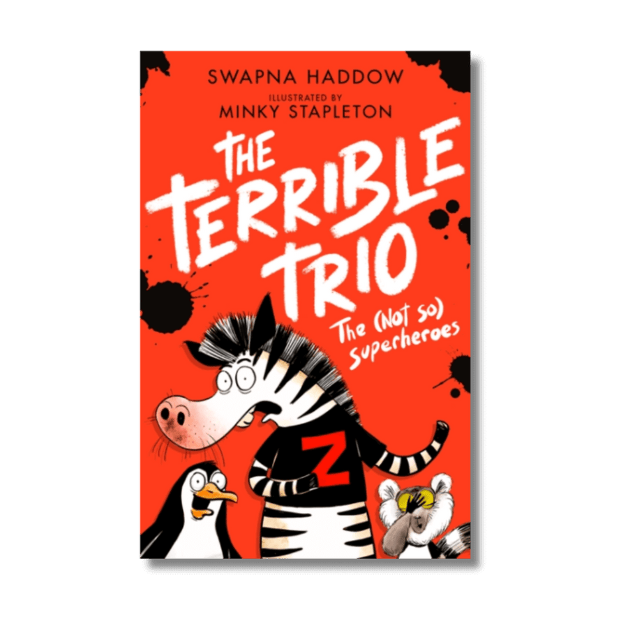 Book cover of 'The Terrible Trio' with cartoon characters on a red background