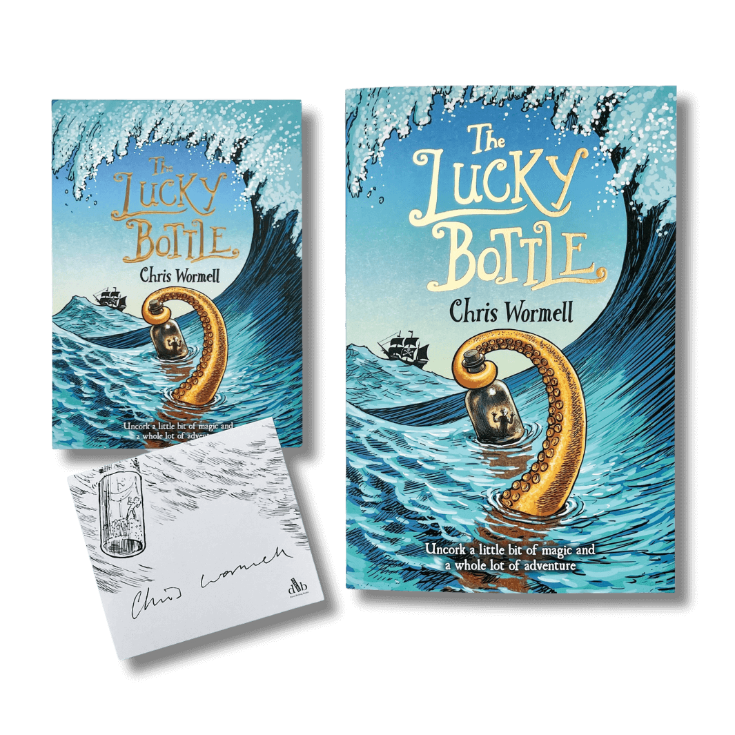 The Lucky Bottle by Chris Wormell with a bookplate signed by the author and colourful postcard