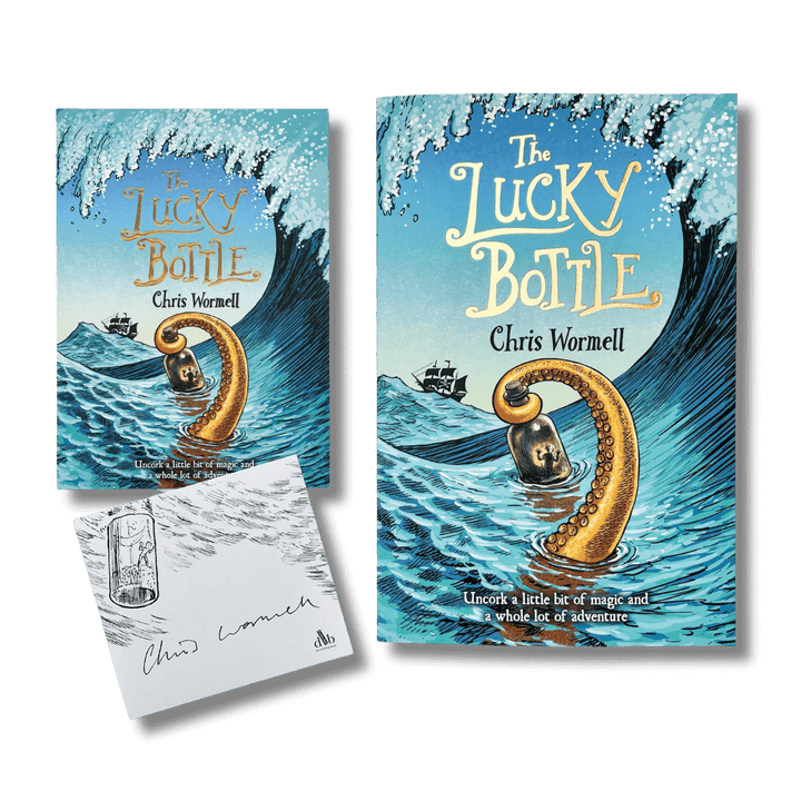 The Lucky Bottle by Chris Wormell with a bookplate signed by the author and colourful postcard