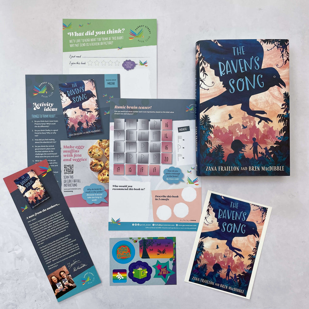 The Raven's Song by Zana Fraillon & Bren MacDibble surrounded by our activity pack and promotional postcard