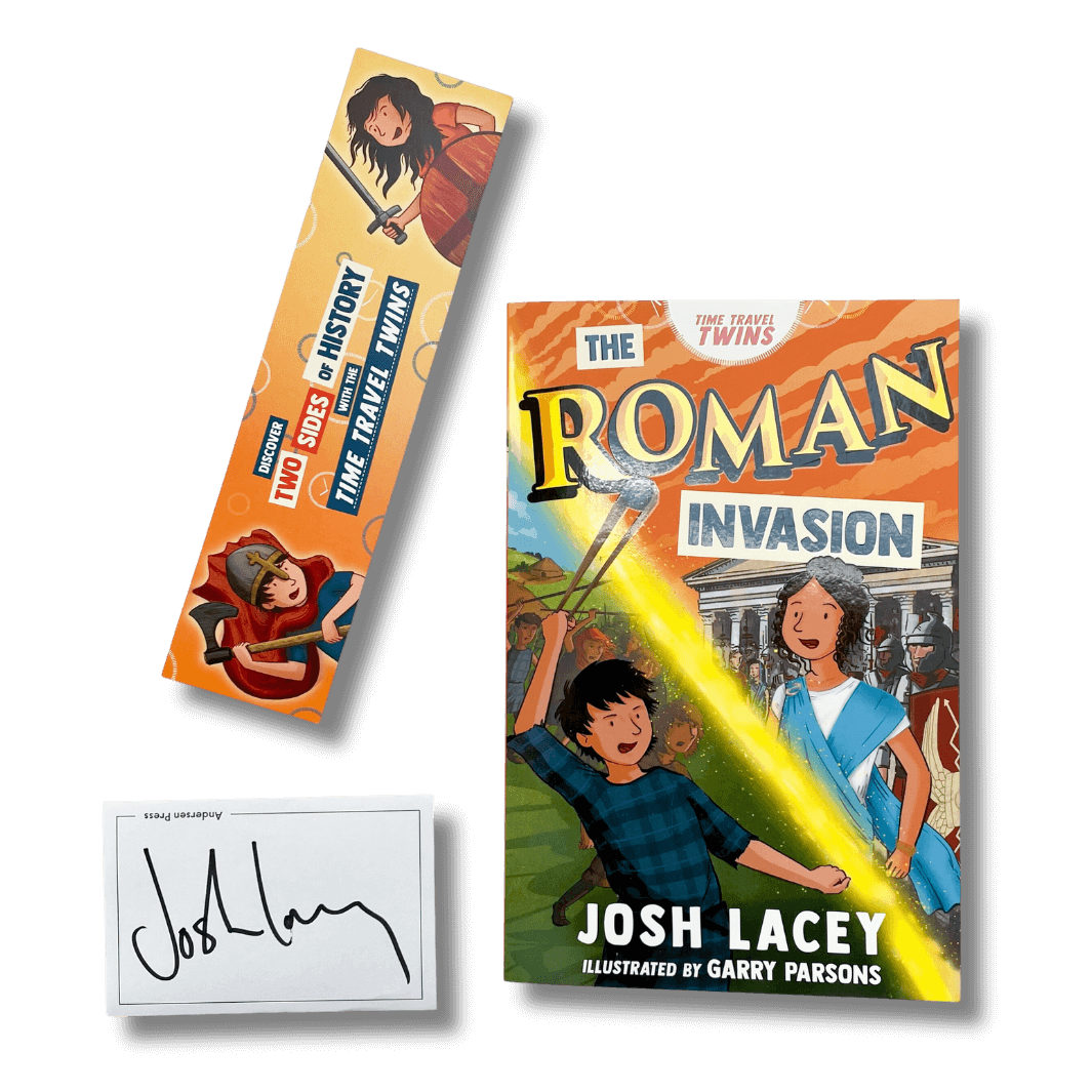 The Roman Invasion by Josh Lacey with a bookplate signed by the author and colourful bookmark