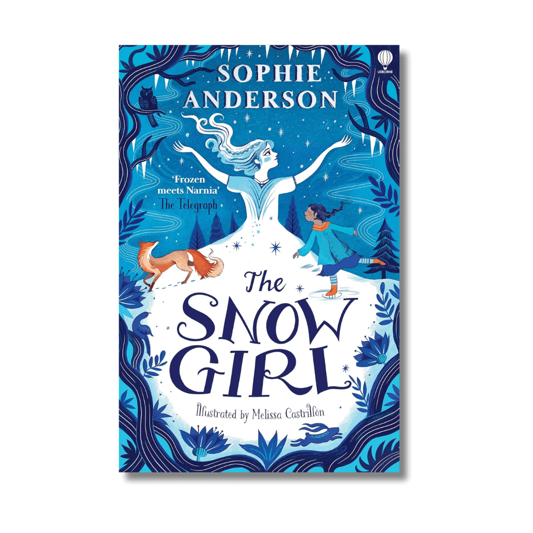 Book cover of 'The Snow Girl' by Sophie Anderson with a blue and white color scheme.