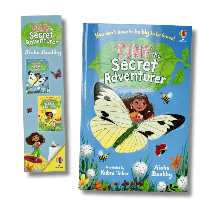 Tiny the Secret Adventurer by Aisha Bushby and an accompanying bookmark