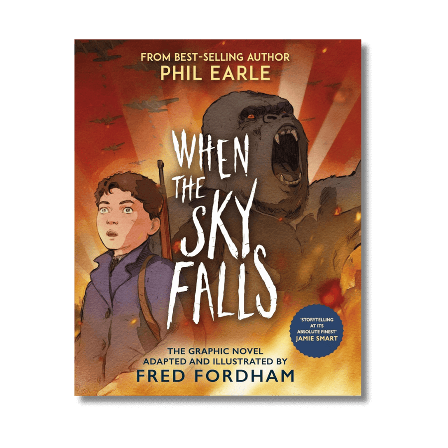 Cover of When the Sky Falls Graphic Novel by Phil Earle & Fred Fordham, showing a boy and a gorilla