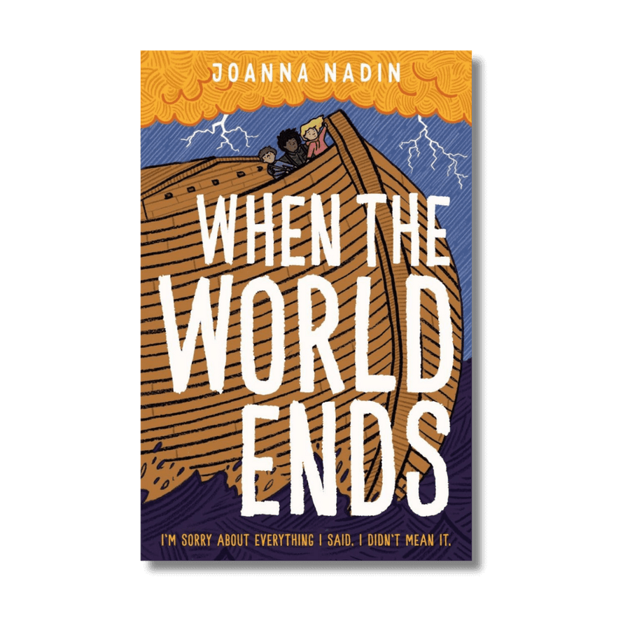 Book cover of 'When the World Ends' by Joanna Nadin with a stylized illustration of a person on a roof.