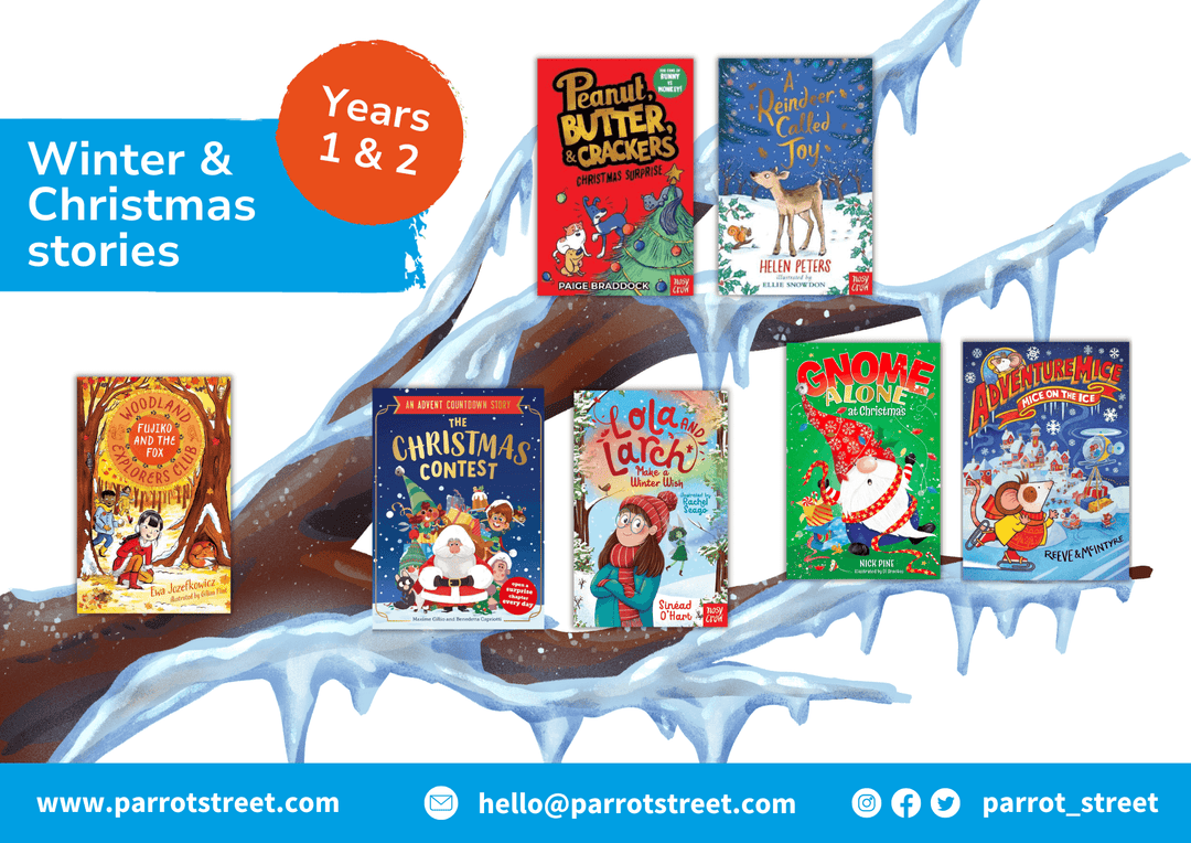 Collection of children's books on a snowy background with Parrot Street branding.