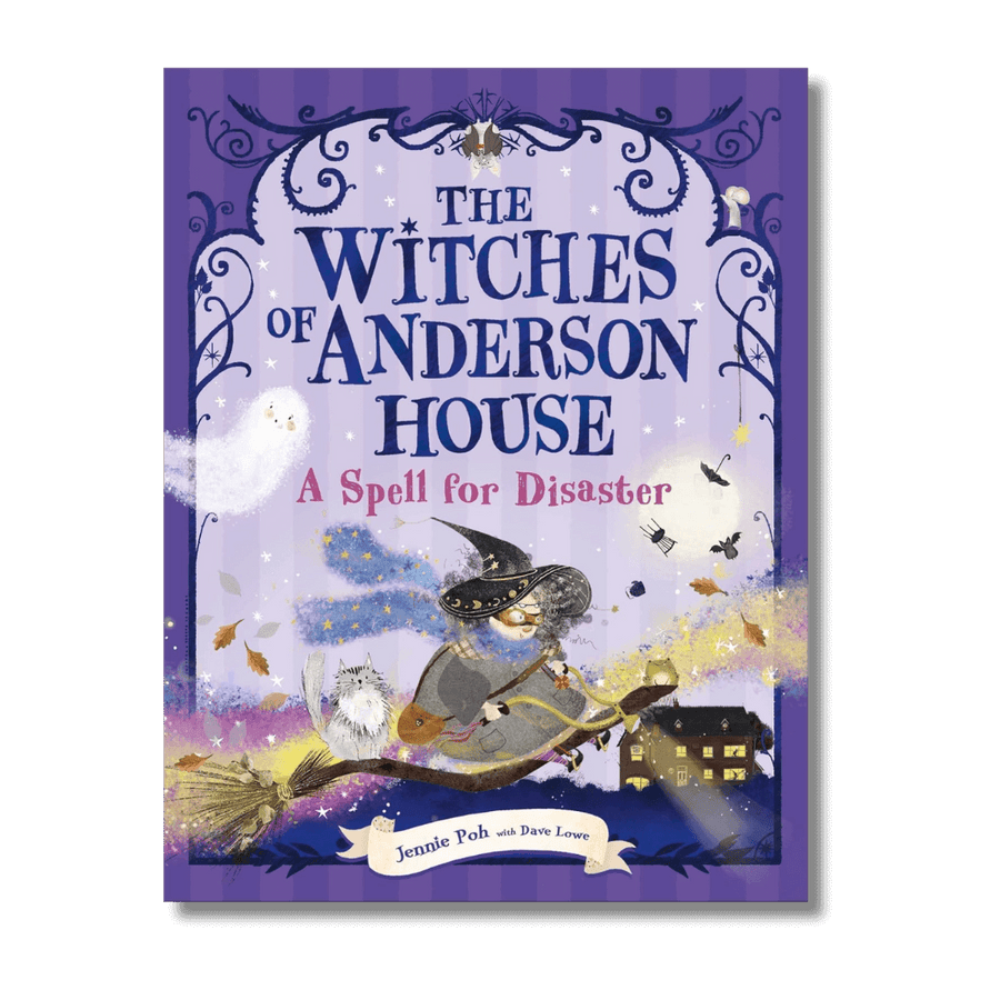 Book cover of 'The Witches of Anderson House: A Spell for Disaster' with a witch on a broomstick and a house in the background.