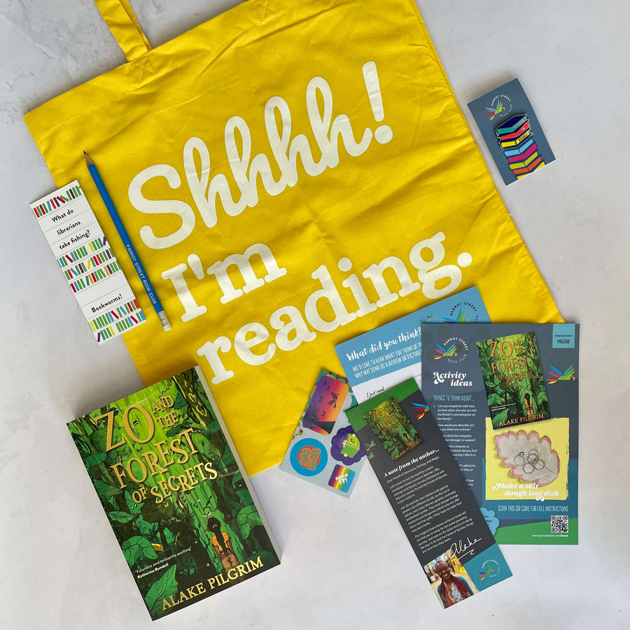 Example book gift set for readers aged 12 to 14 containing a chapter book, activity pack, tote bag, pin badge, pencil and bookmark. 
