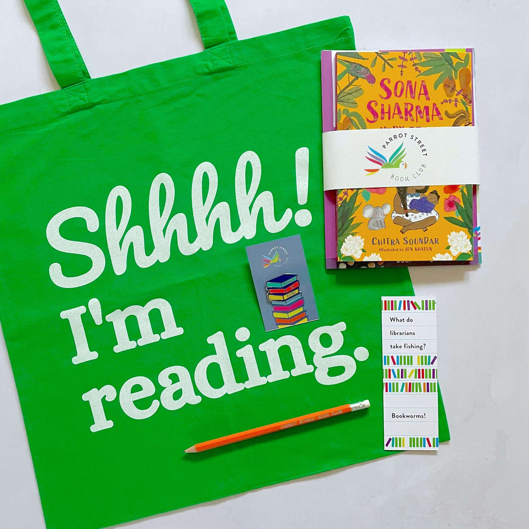 Example book gift set for readers aged 5 to 8 containing a chapter book, activity pack, tote bag, pin badge, pencil and bookmark. 