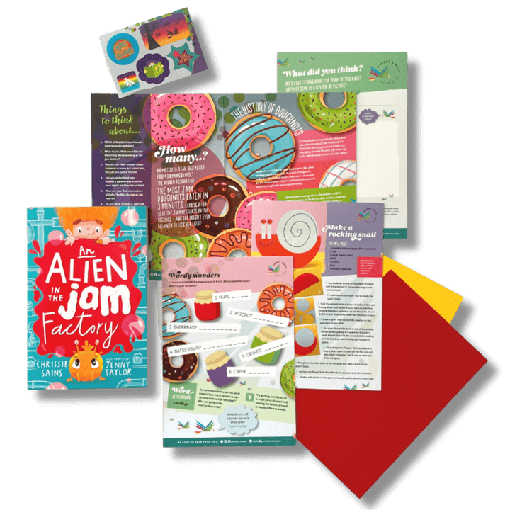 A sample Parrot Street Book Club chapter book and activity pack laid out
