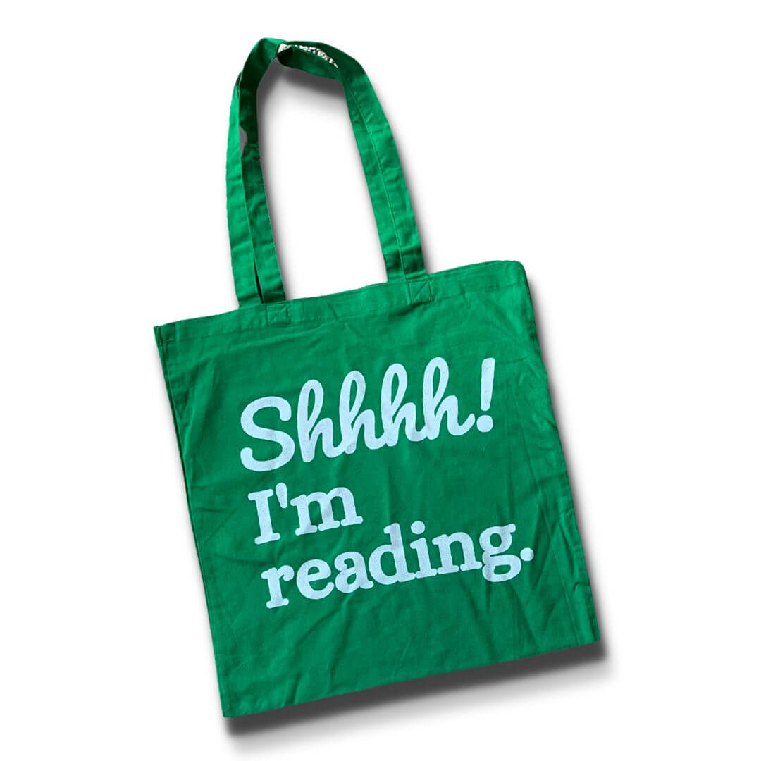 Green Shhh! I'm reading 100% cotton tote bag for bookworms.