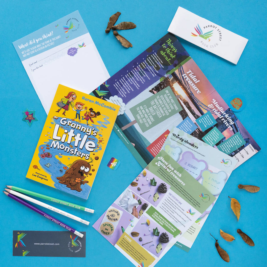 An example of the Parrot Street Book Club pack for Parakeet readers aged 5 to 8. Shows  a colourful, illustrated chapter book and fun-filled activity pack including word puzzles, crafts, a review card, book club-style questions and facts. 