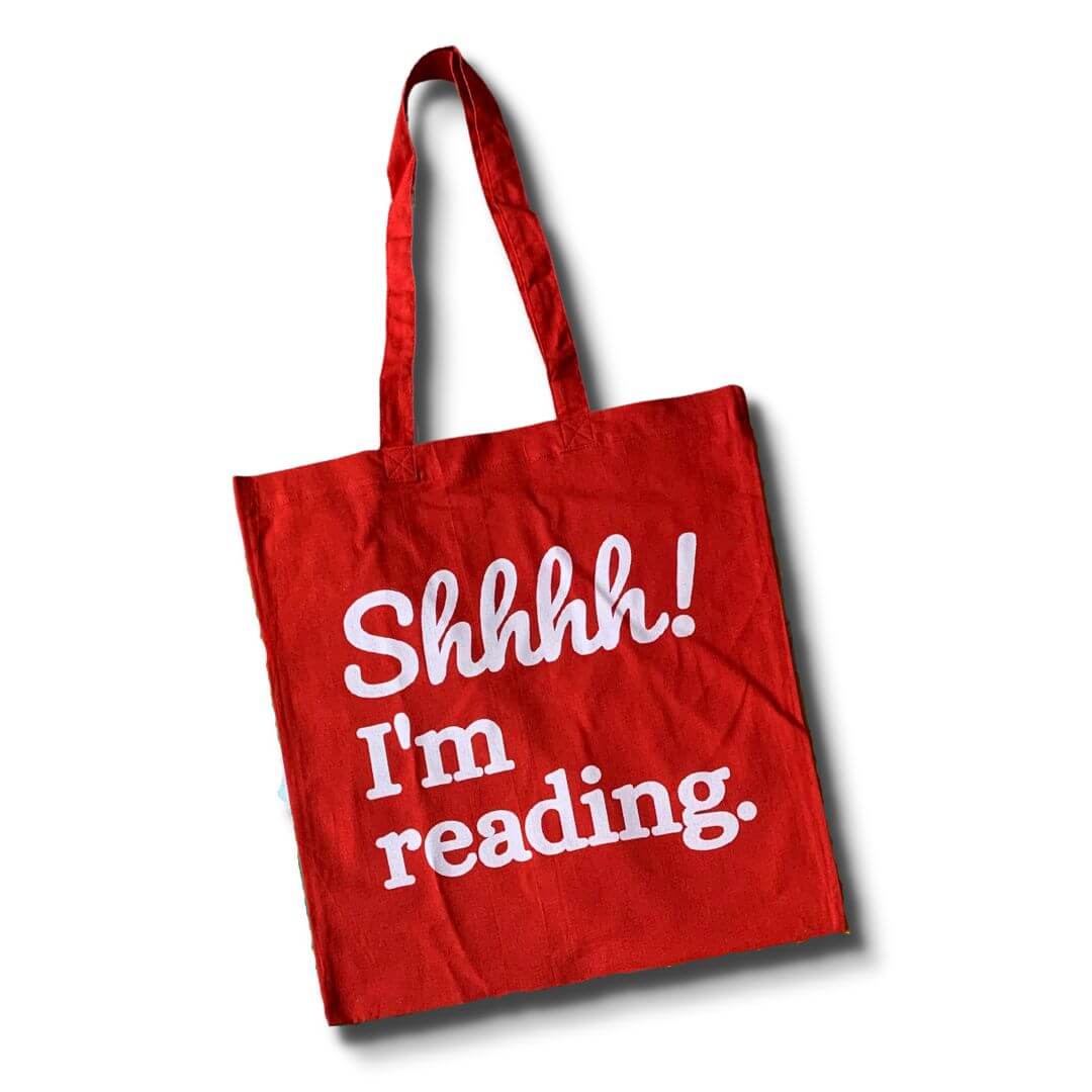 Red Shhh! I'm reading 100% cotton tote bag for bookworms.